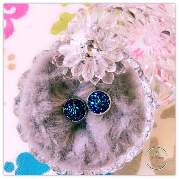 Royal Blue Druzy on Silver Post Studs - Picture 2 of 4